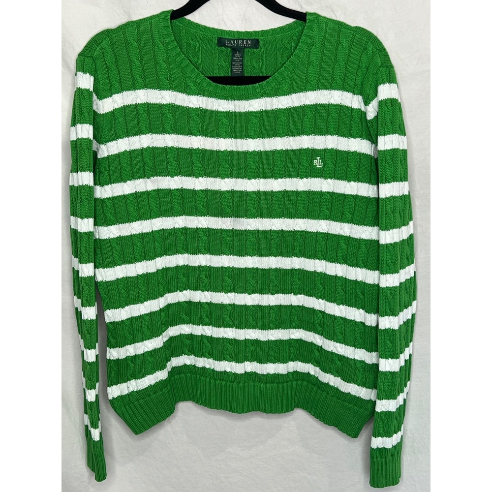 Lauren Ralph Lauren Women's Cable-Knit Striped Crewneck Sweater Green/White Sz L